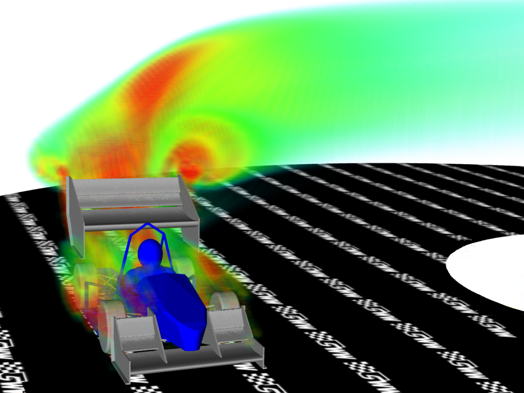 Volume Rendering of wake of car in a turning state (rotating reference frame) showing regions of high turbulent kinetic energy (TKE)