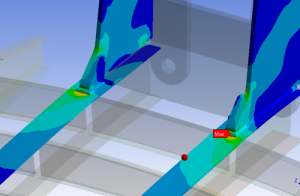 FEA stress plot of a welded sub-model section highlighting high stress hot spots