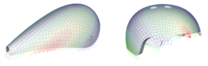 Fibre shear shown in red caused by fabric draping on various bicycle helmet geometries