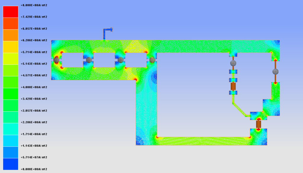 Current densities in discharge path 50µs after the IGBT triggers