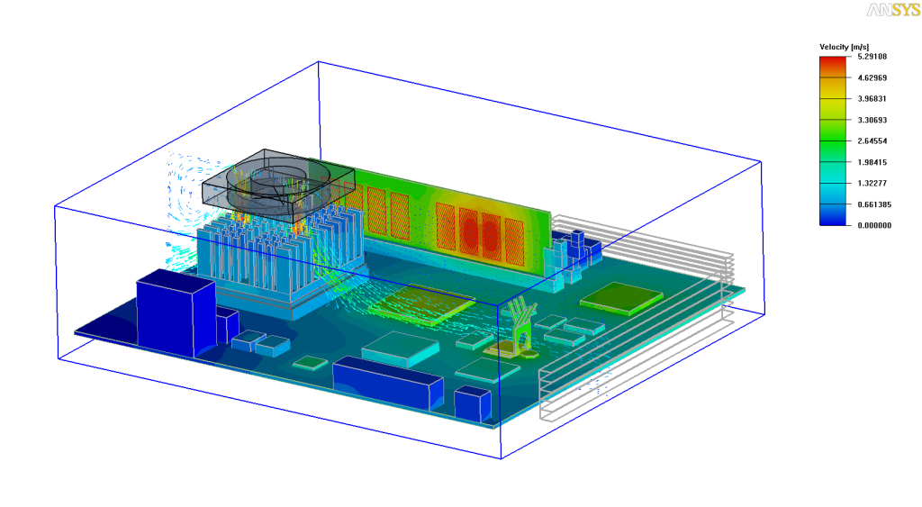 Temperature contours and fluid velocity vectors of a fan in ANSYS SIwave