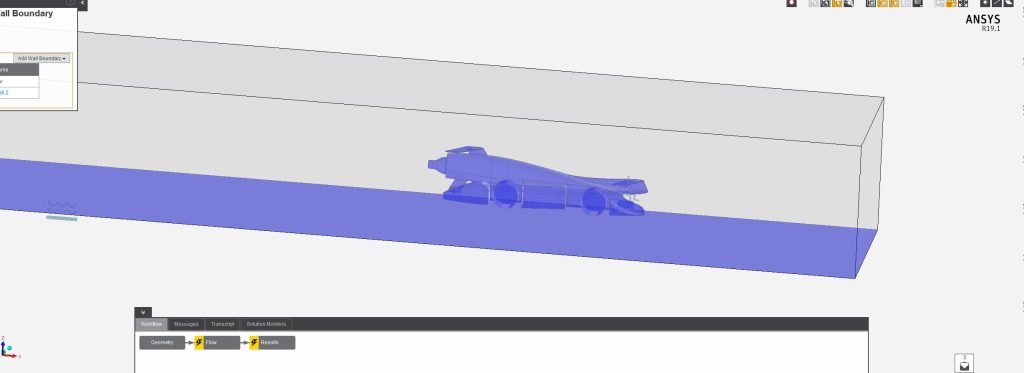 Horizons car model during setup in Discovery Aim showing flow area and no slip surfaces