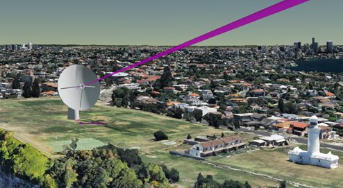 Ground Facility Antenna on Sydney sea cliffs tasked with tracking LEO satellite. Local terrain is streamed to STK using Google 3DTillesets