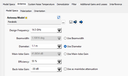 The antenna definition tab for the ground facility. Note the other input tabs also available not shown here.