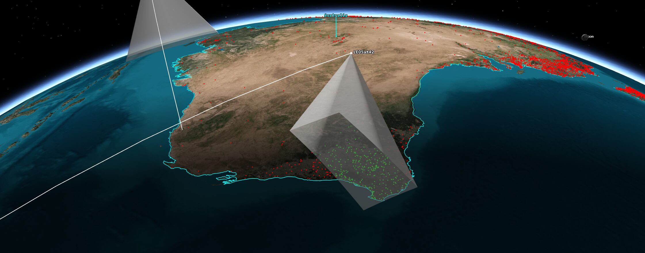 Instantaneous coverage of LEO Satellite as it passes over Western Australia. Green points currently have access whilst red do not.