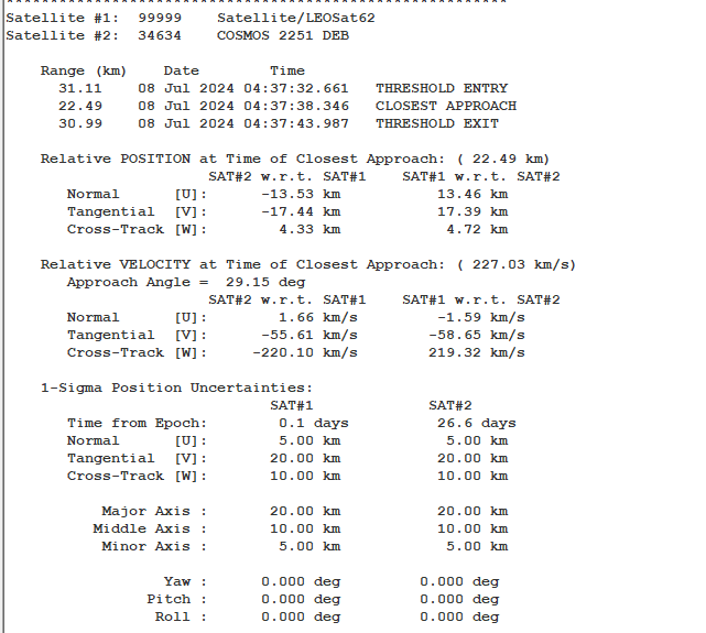 Encounter Warnings report which describes each possible conjunction event in terms of time and relative position/velocity between the two satellites.